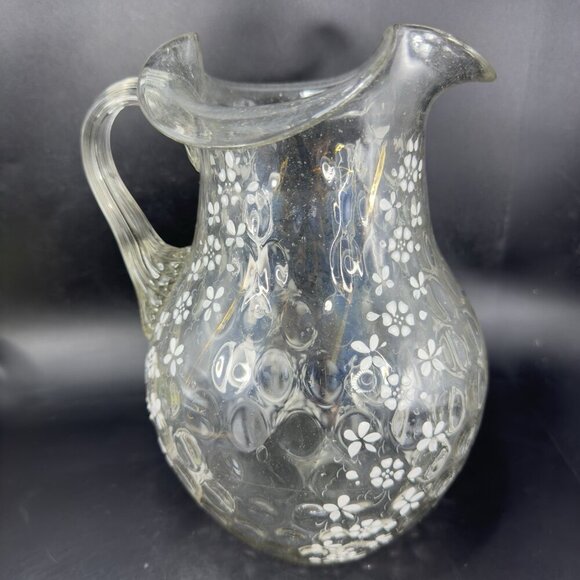 Antique Enameled Glass Pitcher Jug Hand Blown Optic Dot Manganese 365nm Green UV - Picture 14 of 16